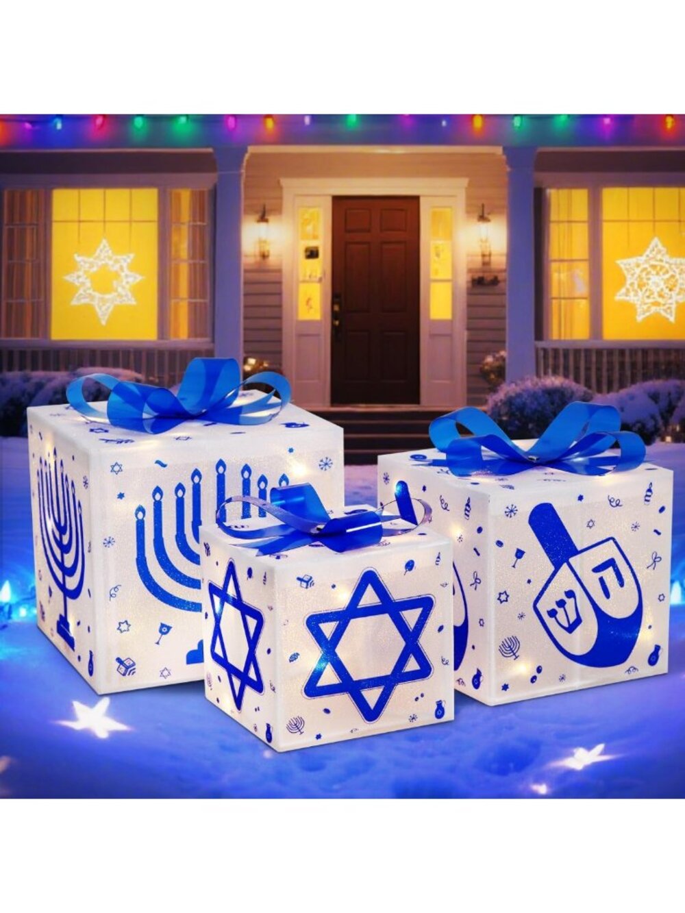 Set of 3 Lighted Gift Boxes with LED Lights, Dreidel & Menorah Decor for